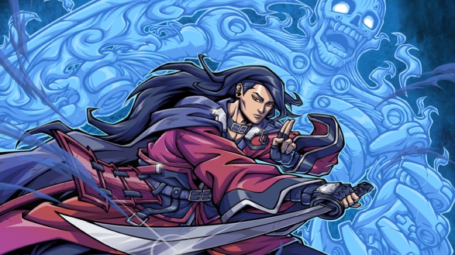 Illustrated swordsman with long dark hair before a blue spirit skull