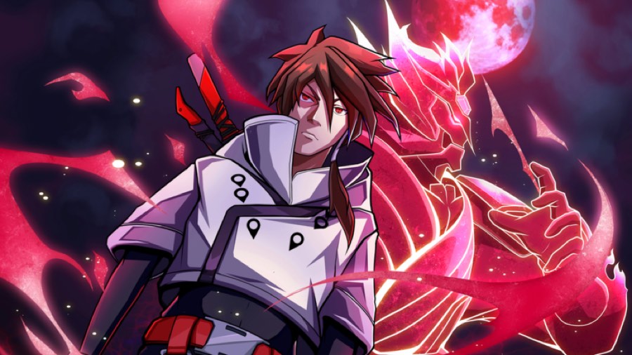 Character in a white coat with a red demon spirit behind him