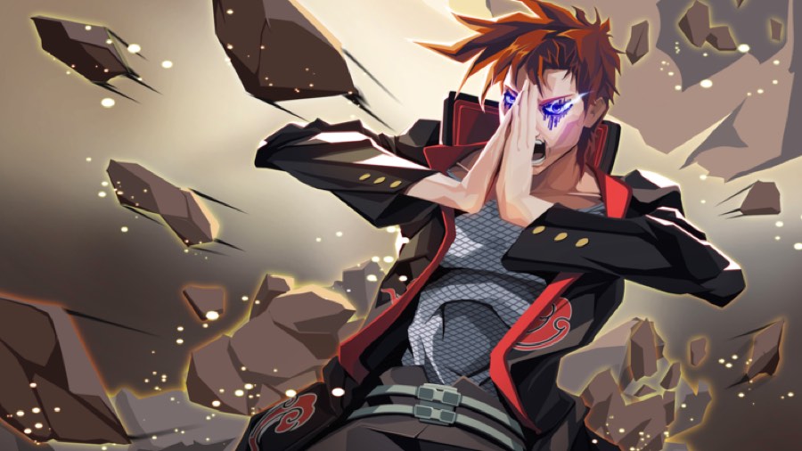 Character with glowing purple eyes amid floating rocks